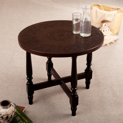 Wood and leather accent table, 'Living Nature' - Round Accent Table Handmade from Wood and Embossed Leather