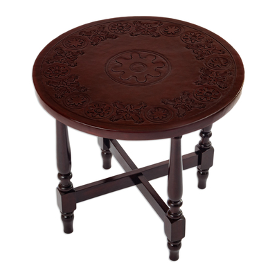 Round Accent Table Handmade from Wood and Embossed Leather