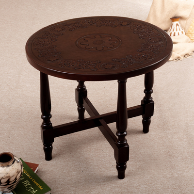 Mesa decorativa de madera y cuero - Mesa decorativa redonda hecha a mano con madera y cuero repujado