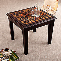 Wood and leather coffee table, 'Golden Nights' - Handmade and Hand-Painted Wood and Leather Coffee Table