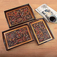 Wood and leather trays, 'Golden Nature' (set of 3) - Set of 3 Trays Handmade from Wood and Embossed Leather