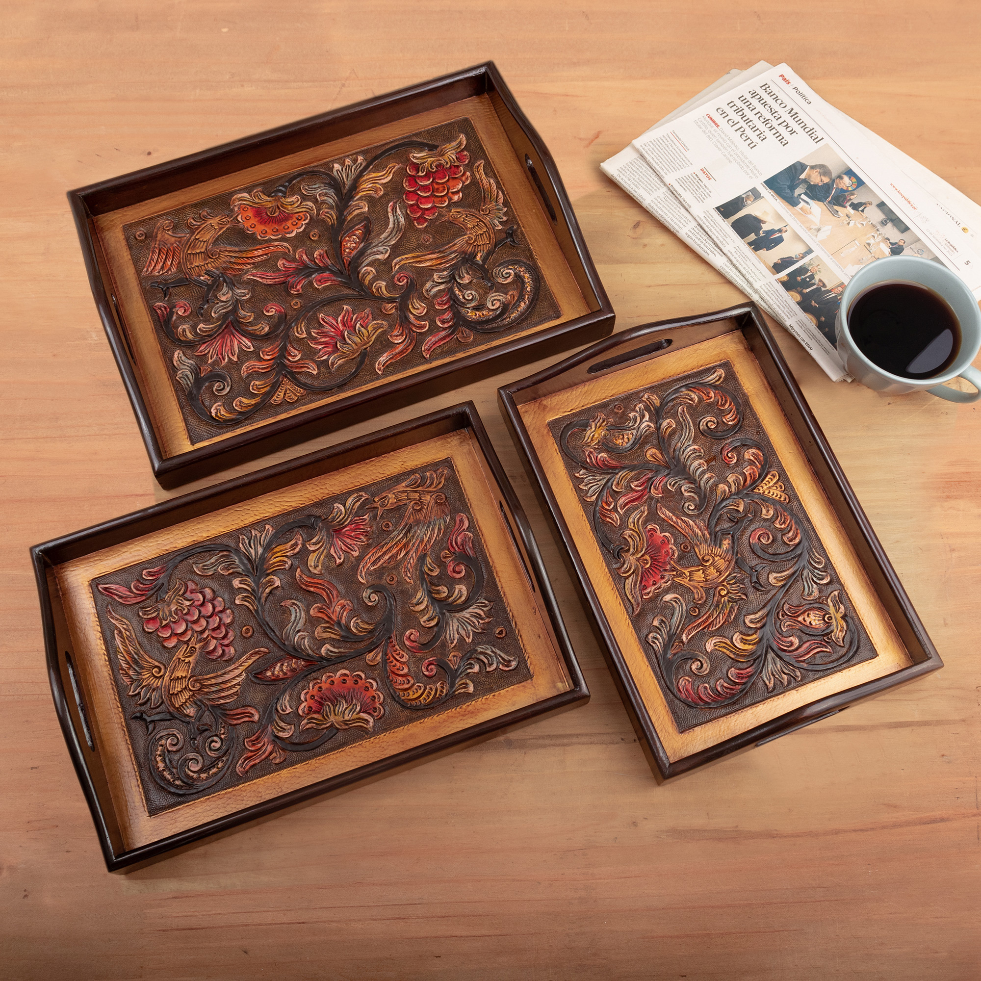 Set of 3 Trays Handmade from Wood and Embossed Leather, 'Golden Nature'