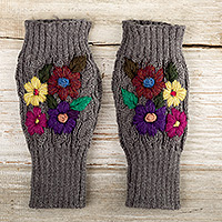 Alpaca blend fingerless mittens, 'Grey Floral Passion' - Knit Grey Alpaca Blend Fingerless Mittens with Little Blooms