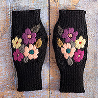 Alpaca blend fingerless mittens, 'Black Floral Passion' - Knit Black Alpaca Blend Fingerless Mittens with Flowers