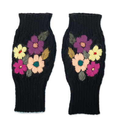 Knit Black Alpaca Blend Fingerless Mittens with Flowers