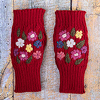 Manoplas sin dedos de mezcla de alpaca, 'Red Floral Passion' - Manoplas tejidas sin dedos de mezcla de alpaca roja con pequeñas flores
