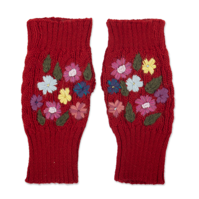 Knit Red Alpaca Blend Fingerless Mittens with Little Blooms