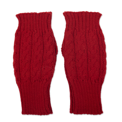 Alpaca blend fingerless mittens, 'Red Floral Passion' - Knit Red Alpaca Blend Fingerless Mittens with Little Blooms