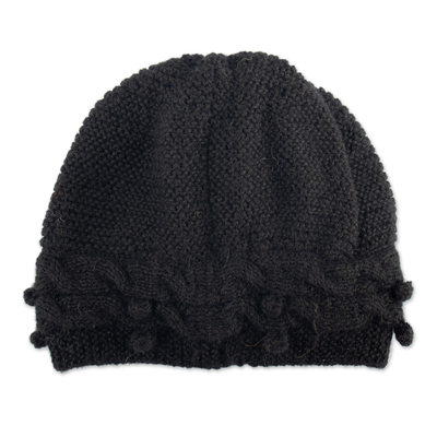 100% alpaca hat, 'Crossed Paths in Black' - Knit 100% Alpaca Hat in a Black Tone Handcrafted in Peru