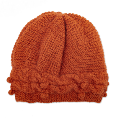 Knit 100% Alpaca Hat in an Orange Tone Handcrafted in Peru