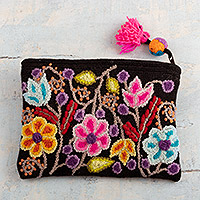 100% alpaca cosmetic bag, 'Black Andean Paradise' - Black 100% Alpaca Cosmetic Bag with Floral Embroidery