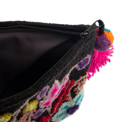 100% alpaca cosmetic bag, 'Black Andean Paradise' - Black 100% Alpaca Cosmetic Bag with Floral Embroidery