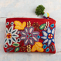 100% alpaca cosmetic bag, 'Intense Devotion' - Floral Embroidered Red 100% Alpaca Cosmetic Bag from Peru