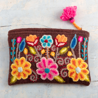 100% alpaca cosmetic bag, 'Warm Andean Paradise' - Brown 100% Alpaca Cosmetic Bag with Floral Embroidery