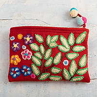 100% alpaca cosmetic bag, 'Leafy Vitality' - Leafy and Floral Red Cosmetic Bag Handcrafted from Alpaca