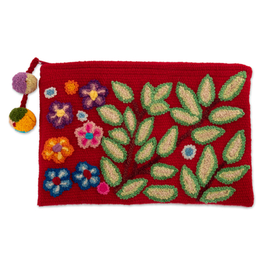 100% alpaca cosmetic bag, 'Leafy Vitality' - Leafy and Floral Red Cosmetic Bag Handcrafted from Alpaca