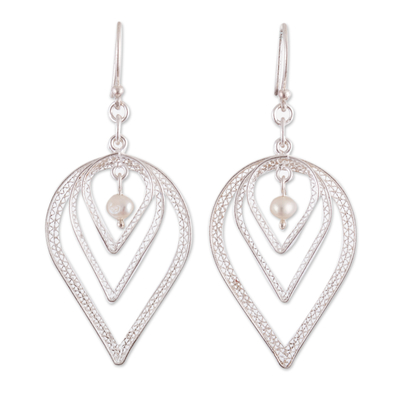 Cultured pearl filigree dangle earrings, 'Flashes of White' - 925 Silver Filigree Dangle Earrings with Cultured Pearls
