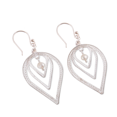 Cultured pearl filigree dangle earrings, 'Flashes of White' - 925 Silver Filigree Dangle Earrings with Cultured Pearls