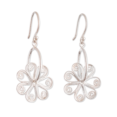 Sterling silver filigree dangle earrings, 'Rotating Flowers' - Modern Sterling Silver Filigree Dangle Earrings with Flowers