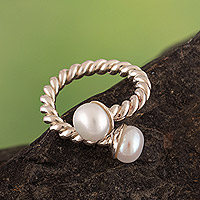 Cultured pearl wrap ring, 'Twisted Marvel' - Sterling Silver Torsade Wrap Ring with Cultured Pearls