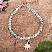 Amazonite beaded pendant bracelet, 'River Blossom' - Sterling Silver Floral Pendant Bracelet with Amazonite Beads
