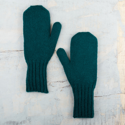 100% baby alpaca gloves, 'Pacific Ocean' - Unisex Teal Gloves Hand-Knit from 100% Baby Alpaca in Peru