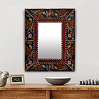 Reverse-painted glass wall mirror, 'Dawn' - Reverse Painted Glass Wall Mirror with Floral & Leaf Motifs