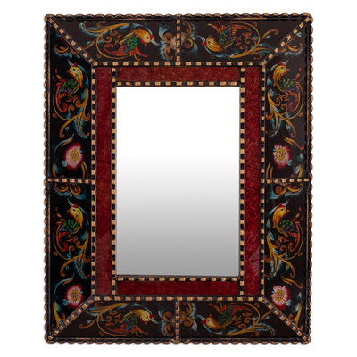 Reverse-painted glass wall mirror, 'Dawn' - Reverse Painted Glass Wall Mirror with Floral & Leaf Motifs