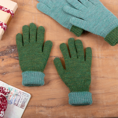 Reversible 100% baby alpaca gloves, 'Turquoise Trends' - Knit Reversible Baby Alpaca Gloves in Turquoise and Green