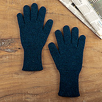 Reversible baby alpaca gloves, 'Peacock Trends' - Knit Reversible Baby Alpaca Gloves in Indigo and Peacock