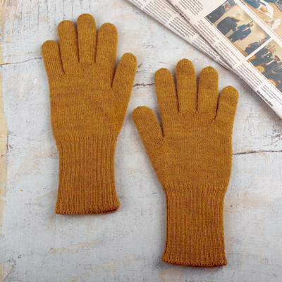 Reversible 100% baby alpaca gloves, 'Warm Trends' - Knit Reversible Baby Alpaca Gloves in Honey and Salamander