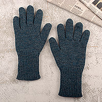 Reversible 100% baby alpaca gloves, 'Lake Trends' - Knit Reversible Baby Alpaca Gloves in Teal and Navy Hues