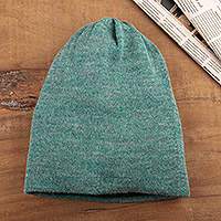 Reversible 100% baby alpaca hat, 'Cyan & Green Style' - Knit Reversible 100% Baby Alpaca Hat in Cyan and Green