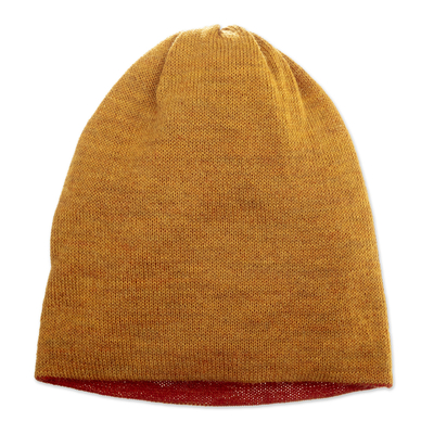 Reversible 100% baby alpaca hat, 'Warm Trends' - Knit Reversible Baby Alpaca Hat in Honey and Salamander Hues