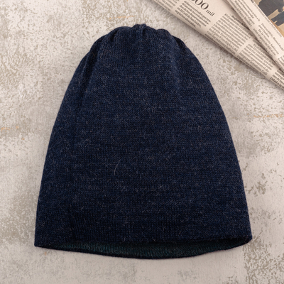 Reversible 100% baby alpaca hat, 'Lake Trends' - Knit Reversible Baby Alpaca Hat in Teal and Navy Hues