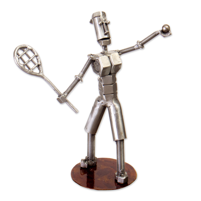 Recycled metal sculpture, 'Tennis for the Planet' - Eco-Friendly Recycled Metal Sculpture of a Tennis Player