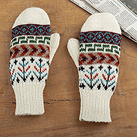 100% alpaca wool mittens, 'Andean Nature' - Handloomed Traditional Andean Ivory Alpaca Mittens from Peru