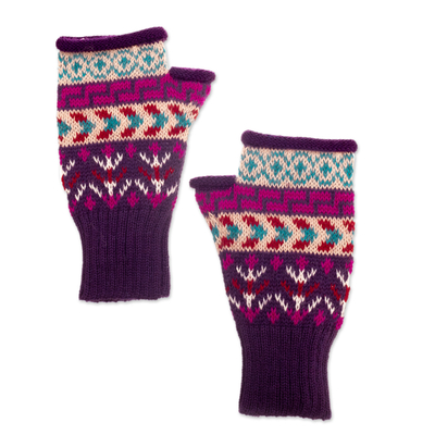 100% alpaca fingerless mittens, 'Purple Empire' - Handloomed Andean Purple Alpaca Fingerless Mittens from Peru