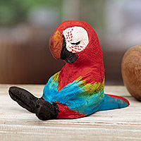 Wood sculpture, 'Scarlet Meditation' - Hand-Carved Cedar Wood Scarlet Macaw Sculpture from Peru