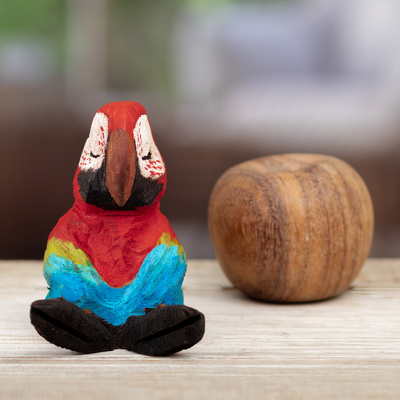 Wood sculpture, 'Scarlet Meditation' - Hand-Carved Cedar Wood Scarlet Macaw Sculpture from Peru