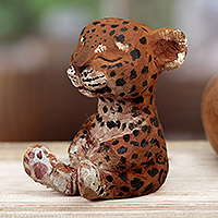 Wood sculpture, 'Feline Calm' - Hand-Carved Cedar Wood Sculpture of Meditating Jaguar
