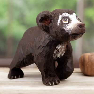 Cedar sculpture, 'Walking Andean Bear' - Cedar Wood Andean Bear Sculpture Carved and Painted by Hand