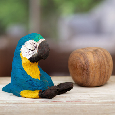 Escultura de madera - Escultura de guacamayo azul y amarillo tallada a mano en madera de cedro