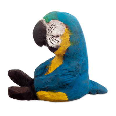 Wood sculpture, 'Yellow Meditation' - Hand-Carved Cedar Wood Blue and Yellow Macaw Sculpture