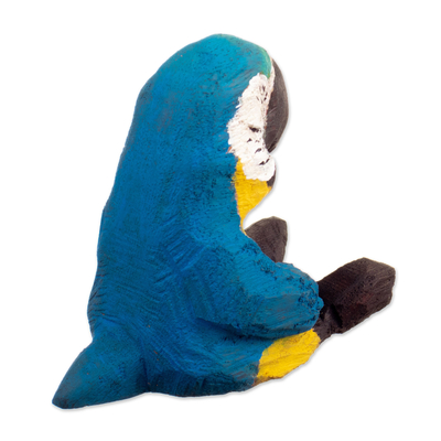 Wood sculpture, 'Yellow Meditation' - Hand-Carved Cedar Wood Blue and Yellow Macaw Sculpture
