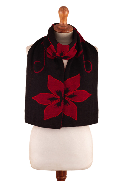 Cultural Floral Red and Black Reversible Alpaca Blend Scarf