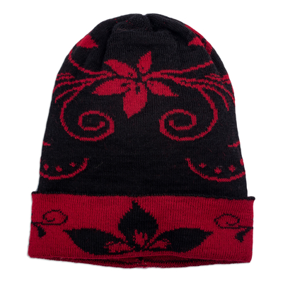Floral Crimson and Black Alpaca Blend Hat with Soft Texture