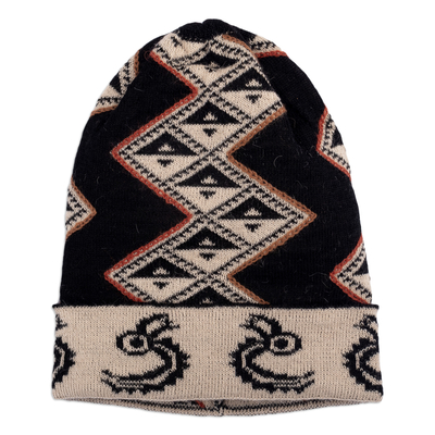 Traditional Inca Black and Beige Alpaca Blend Hat from Peru