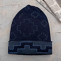 Mütze aus Alpaka-Mischung, „Ocean Visions“ – Chakana-inspirierte Mütze aus Alpaka-Mischung in einer blauen Farbpalette