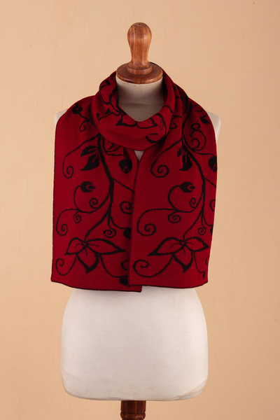 Reversible alpaca blend scarf, 'Crimson Vines' - Leafy Black and Red Reversible Alpaca Blend Scarf from Peru